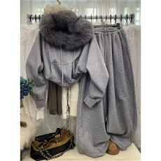 批发氛围感毛领连帽插肩袖<b class='q'>套头卫衣</b>高腰显瘦抽绳阔腿裤休闲<b class='q'>加绒</b>两件套
