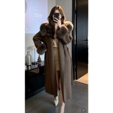 批发韩系气质千金御姐高级感毛毛连帽中长款时尚大衣毛呢<b class='q'>外套</b>减龄秋冬