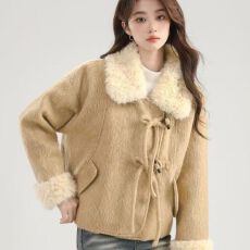 批发卡其色拼接毛领羊羔毛<b class='q'>外套</b><b class='q'>女</b>秋冬款高级感通勤百搭毛茸茸上衣
