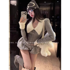 毛领拼接长袖针织开衫2026春秋季收腰显瘦毛衣上衣