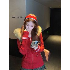 批发毛领可以拆卸  红色针织上衣秋<b class='q'>冬</b>新款加厚