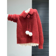 批发红色新年翻领针织开衫毛衣外套冬季上衣女