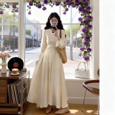 批发修身显瘦长袖秋<b class='q'>冬</b>装法式优雅V领雪纺长裙新款收腰大摆连衣裙