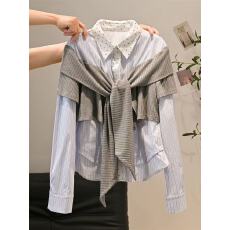 批发韩版学院风假两件披肩条纹<b class='q'>衬衫</b>女春季2026新款高级感<b class='q'>时尚</b><b class='q'>衬衣</b>外套