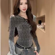 批发氛围感绑带闪钻长袖T恤春夏修身收腰显瘦内搭上衣女