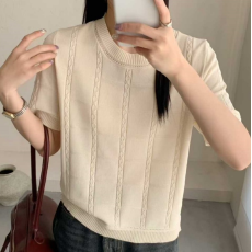 批发2026年春夏季韩版新款时尚圆领麻花方格冰爽丝针织纯色百搭短袖女