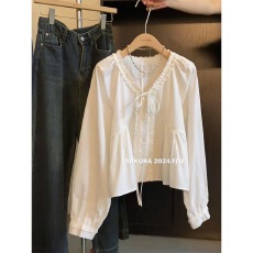 批发2026春秋新款法式气质白色<b class='q'>长袖</b><b class='q'>衬衫</b>女别致漂亮系带木耳边<b class='q'>衬衣</b>上衣