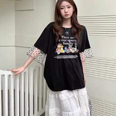 批发女装夏季新款胖mm减龄风卡通狗狗印花波点<b class='q'>网纱</b>袖T恤上衣