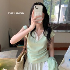 批发甜美休闲撞色拼接v领正肩短袖<b class='q'>针织衫</b>2026夏季修身显瘦<b class='q'>假两件</b>上衣