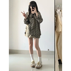 批发原版质量条纹喇叭长袖防晒T恤松弛感<b class='q'>罩衫</b>上衣