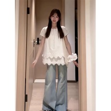 批发原版花边韩系温柔风层次感上衣夏大码<b class='q'>宽松</b>短袖<b class='q'>衬衫</b>