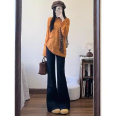 批发韩系慵懒松弛感气质巨好看复古橘色镂空罩衫长袖上衣针织衫女早秋