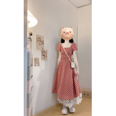 批发法式红色格子连衣裙女夏季<b class='q'>胖</b>mm<b class='q'>遮</b>肚显瘦蕾丝拼接甜美a字裙子