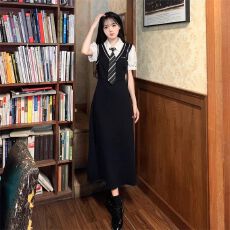 批发假两件短袖<b class='q'>连衣裙</b>女夏学院风<b class='q'>拼接</b>短裙气质收腰显瘦长裙子