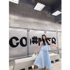 批发今年流行法式蝴蝶结蓝色无袖<b class='q'>套装</b>裙女<b class='q'>夏装</b>搭配一整套半身裙两件套