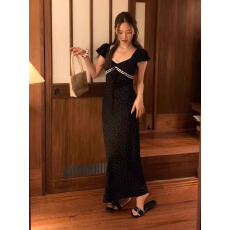 批发<b class='q'>拼接</b>蕾丝收腰名媛风修身显瘦长裙波点<b class='q'>连衣裙</b>女生夏季装简约风女装