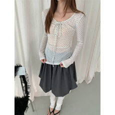 原版面料韩系蝴蝶结大方领系带长袖t恤女网纱纯欲微透打底薄上衣