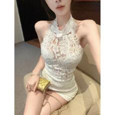 批发蕾丝钩花美背挂脖背心女夏季镂空修身内搭纯欲白色外穿上衣
