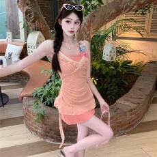 批发立体花朵蕾丝v领吊带<b class='q'>连衣裙</b>女夏季纯欲辣妹内搭挂脖短裙子两件套