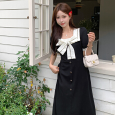 批发春夏季新款胖mm高腰蝴蝶结方领短袖<b class='q'>大码</b>连衣裙女<b class='q'>韩版</b>