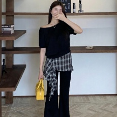 批发两件套大码胖MM松弛感斜肩T恤微喇休闲<b class='q'>裤</b>女夏季两件<b class='q'>套装</b>