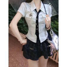 批发藤校辣妹夏季修身显瘦学院风甜美条纹衬衫上衣+半身裙两件套装女