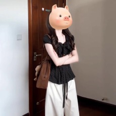 批发高级蝴蝶结系带短袖波点泡泡<b class='q'>衬衫</b>夏季短款收腰显瘦气质绝美上衣