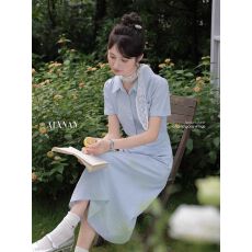 批发白棠雾黎法式气质polo领紫色连衣裙女夏季收腰衬衫<b class='q'>裙子</b>