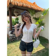 批发韩系<b class='q'>蕾丝</b>花边V领绑带短袖<b class='q'>t</b><b class='q'>恤</b>正肩修身上衣