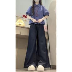 批发2026夏季新款法式复古<b class='q'>格子</b>泡泡袖衬<b class='q'>衫</b>上衣搭配阔腿牛仔裤两件套女