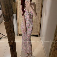 批发法式复古<b class='q'>欧美</b>深V性感蕾丝拼接印花海边度假修身吊带鱼尾<b class='q'>连衣裙</b>