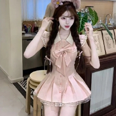 批发法式复古甜美纯欲<b class='q'>蕾丝</b>拼接蝴蝶结连衣裙女夏设计感收腰短裙裤套装