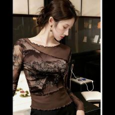 批发复古印花网纱拼接打底衫内搭女新款女装时髦<b class='q'>长袖</b>上衣女