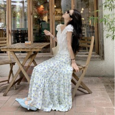 批发韩系蓝色碎花蛋糕裙半身裙女夏季高腰半裙小个子a字裙子大摆<b class='q'>长裙</b>