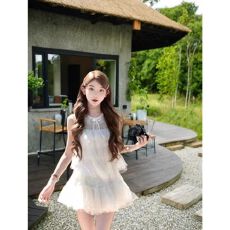 批发仙女套装2026夏季小个子甜美蕾丝设计无袖<b class='q'>荷叶边</b>上衣高腰蓬蓬短裙