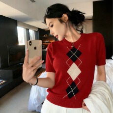 学院风撞色菱格短袖针织衫女夏季韩系穿搭修身百搭圆领t恤衫上衣