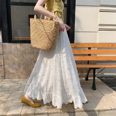 批发白色a字提花半身裙女2026绝美蕾丝花边大摆蛋糕长裙子