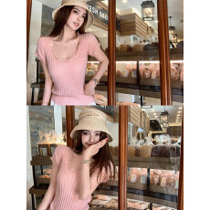 批发韩系温柔风蕾丝拼接短袖针织衫T恤女夏季新款修身显瘦别致ins上衣