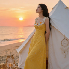 批发法式田园风黄色吊带蕾丝立体花朵连衣裙女少女感海边度假风长裙潮