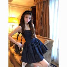 批发miu系波点吊带裙女夏季蕾丝拼接娃娃领收腰A字短裙纯欲风连衣裙潮