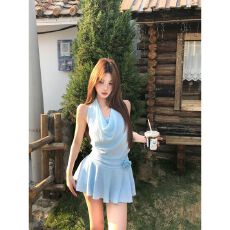 批发假两件吊带挂脖<b class='q'>蕾丝</b>连衣裙子女2026夏季新款气质纯欲辣妹收腰短裙