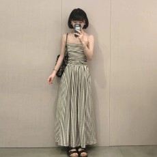 批发韩系撞色条纹抹胸连衣裙女装夏季设计感别致无袖收腰气质桔梗长裙