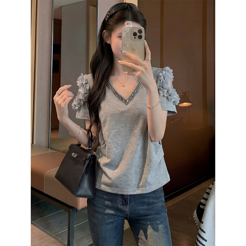RY6207# 花朵百搭T恤女蕾丝夏新款拼接短袖修身上衣
