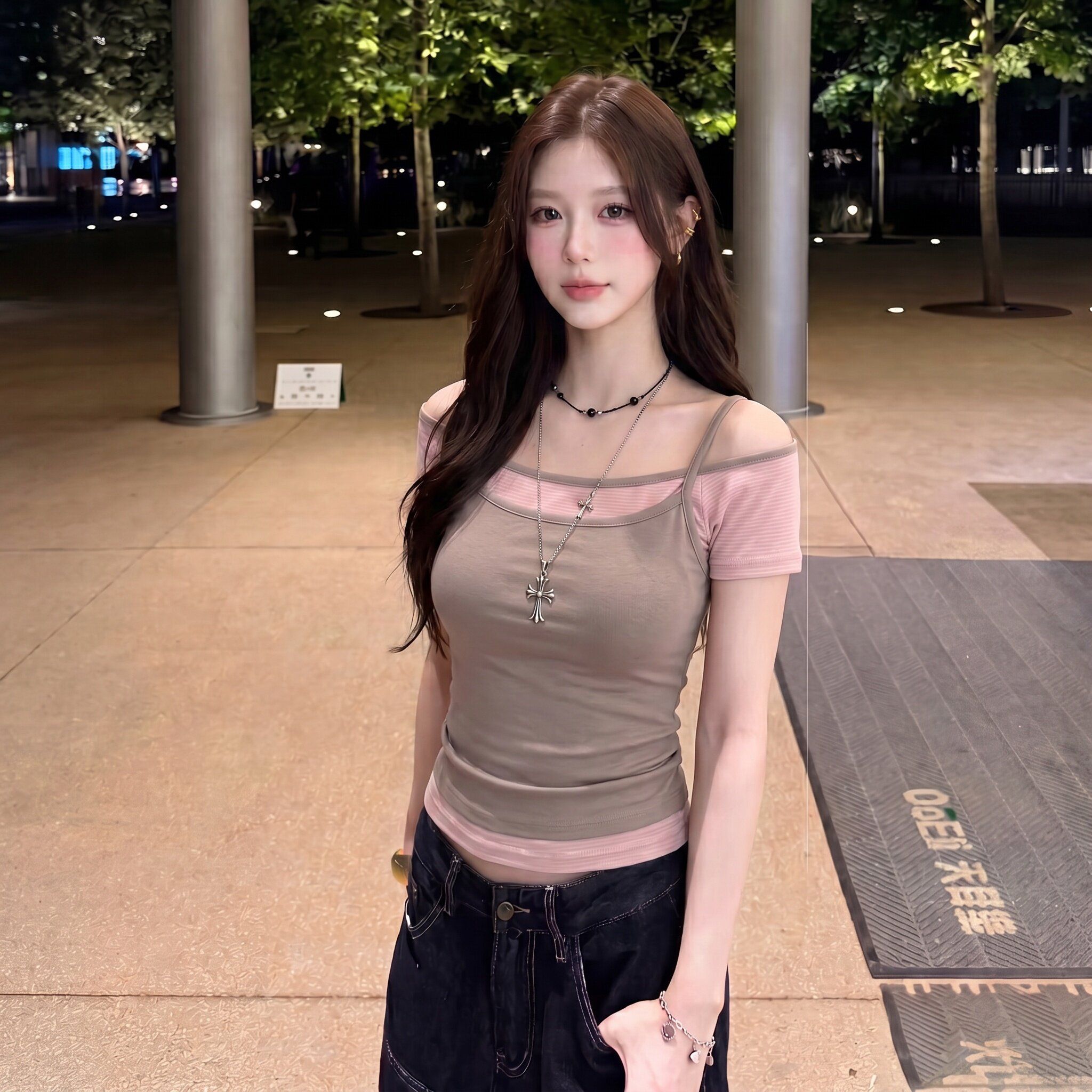 RY6205# 小众设计感假两件露肩条纹短袖T恤女2026夏季外穿修身纯欲风上衣