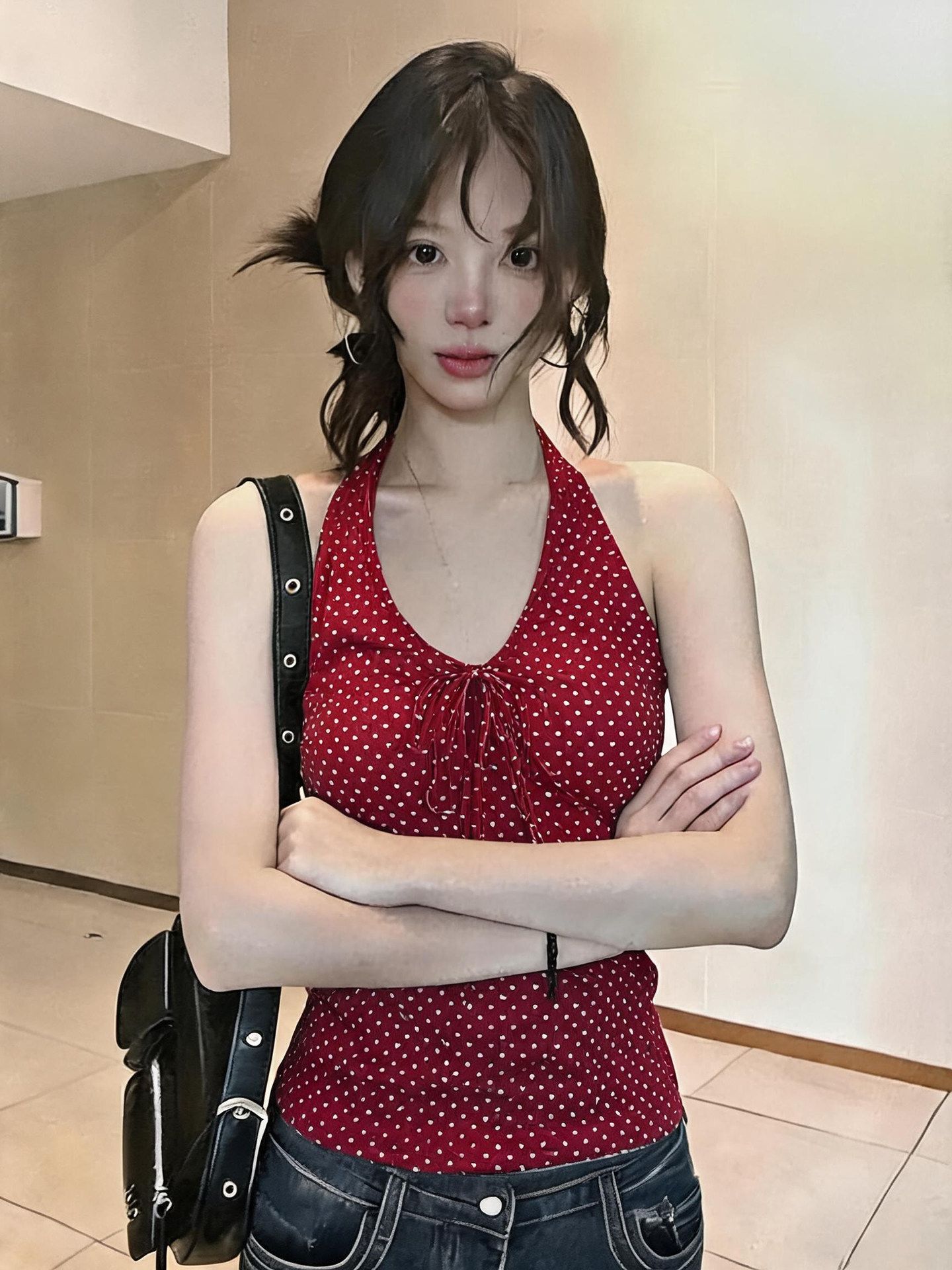RY6204# 辣妹红色波点绑带挂脖吊带背心女夏季新款纯欲洋气修身显瘦短上衣