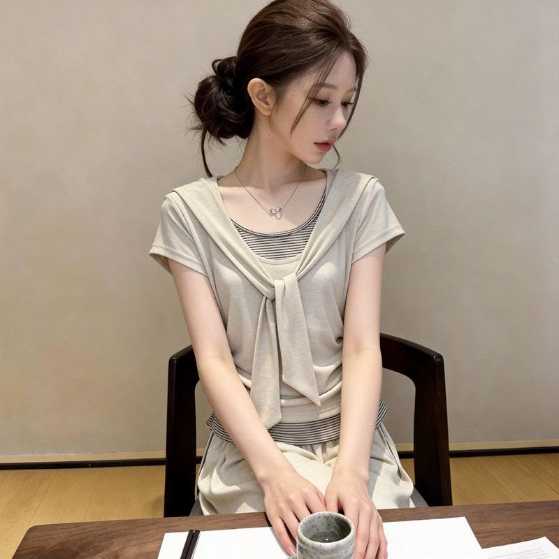 RY6202# 假两件设计感v领条纹短袖t恤女夏季新款褶皱收腰不对称正肩上衣服