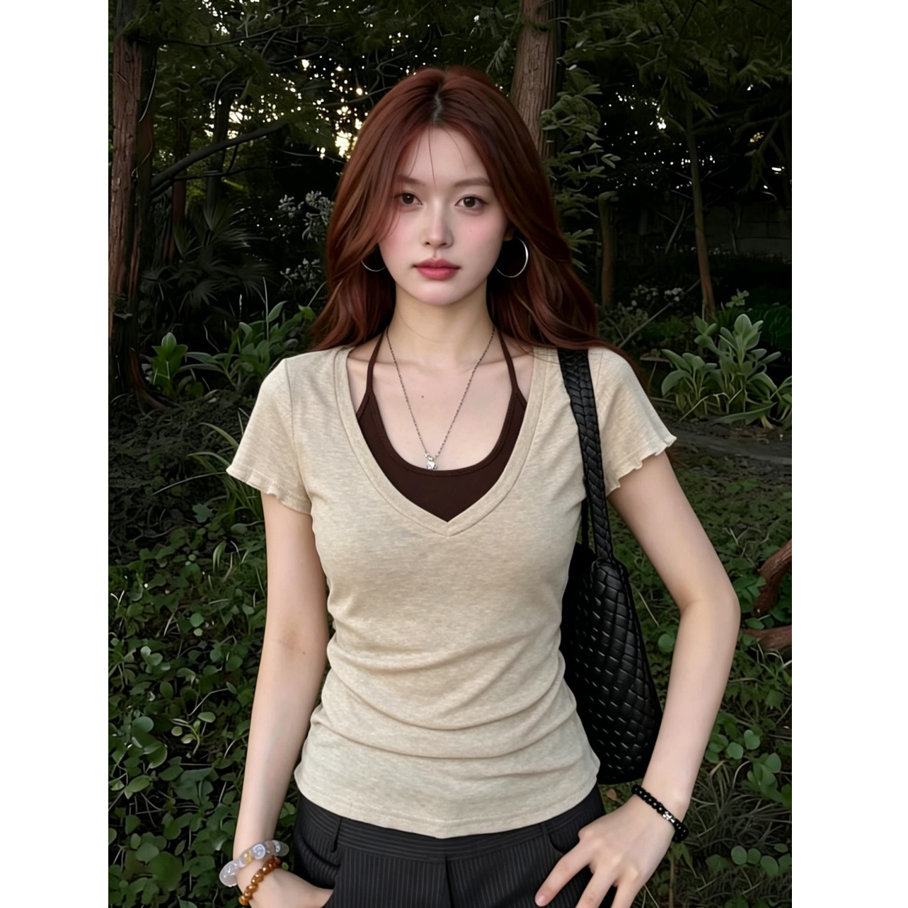 RY6201# 韩系假两件短袖T恤女夏季V领修身设计感小众通勤风上衣