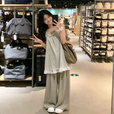 批发薄荷曼波盐系穿搭套装女夏季木耳边格纹无袖<b class='q'>背心</b>休闲长裤两件套潮