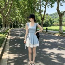批发纯欲风无袖<b class='q'>背心</b>套装女夏季甜美减龄掐腰绑带上衣可爱减龄花苞短裙