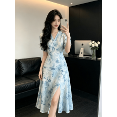 批发法式旗袍夏季碎花V领裙新款<b class='q'>妈妈</b>装法式休闲性感<b class='q'>短袖</b>修身显瘦欧美